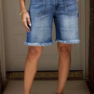 Casual Blue Frayed Hem Denim Shorts